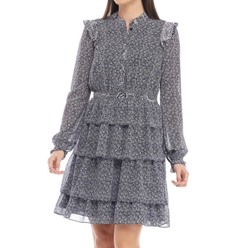MICHAEL Michael Kors Ruffle Hem Micro Floral Chiffon Dress Women Size: 2
